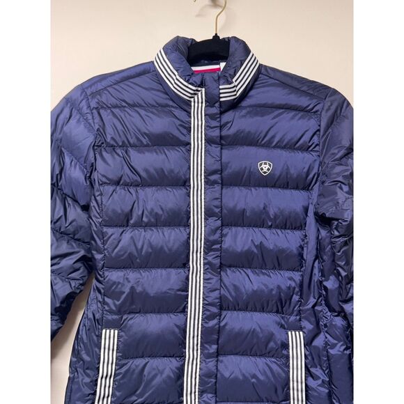 ARIAT Navy/White Packable Down Zip Front Jacket, Gingham Lining, Sz S - Picture 2 of 13